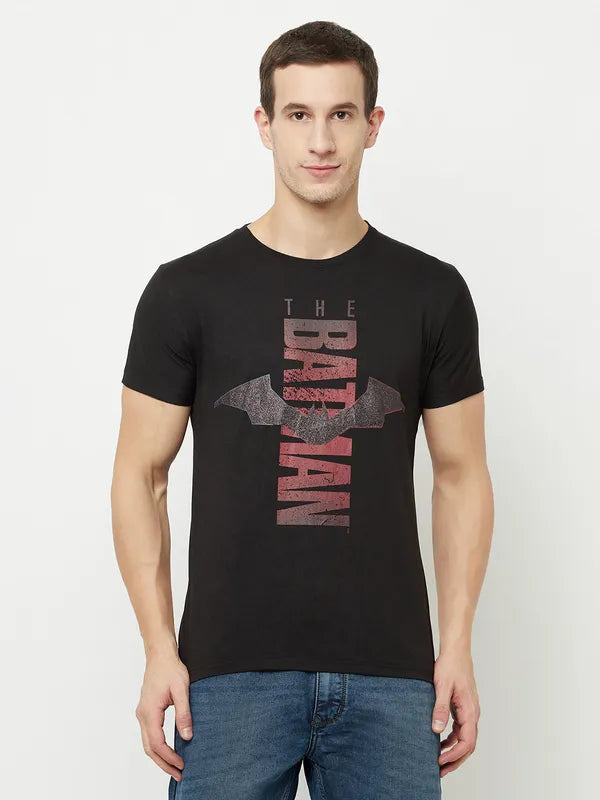 Octave Men Black Typography Batman Printed Applique T-Shirt