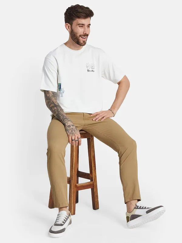 Octave Round Neck Drop Shoulder Sleeves Typographic Printed Regular Fit Cotton T-Shirt