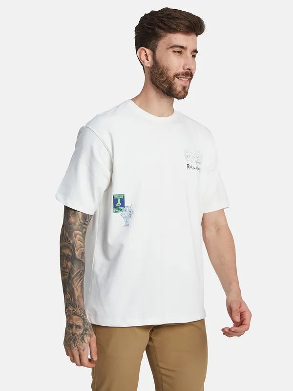 Octave Round Neck Drop Shoulder Sleeves Typographic Printed Regular Fit Cotton T-Shirt