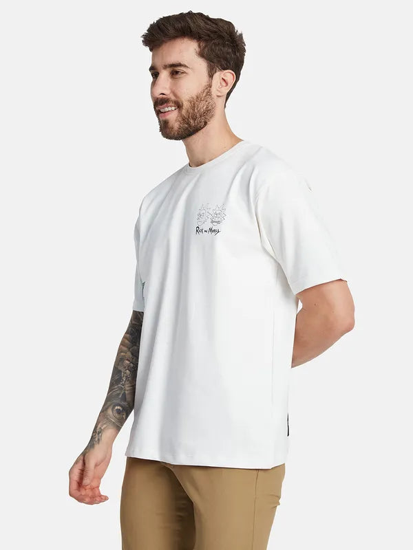 Octave Round Neck Drop Shoulder Sleeves Typographic Printed Regular Fit Cotton T-Shirt