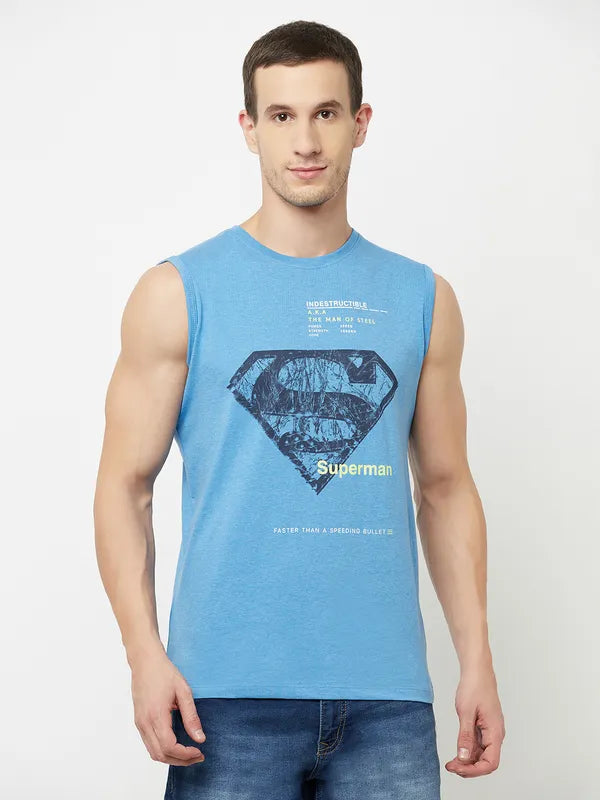 Octave Men Blue Typography Superman Printed Raw Edge T-Shirt