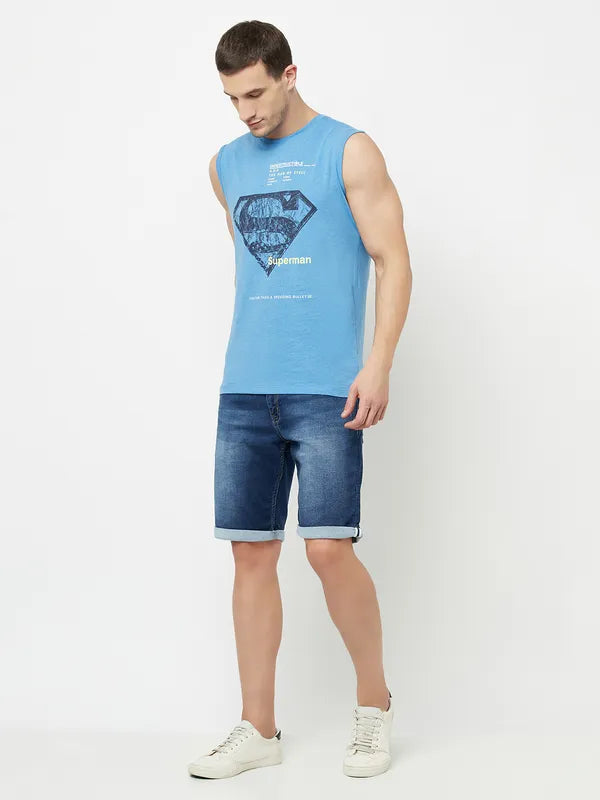 Octave Men Blue Typography Superman Printed Raw Edge T-Shirt