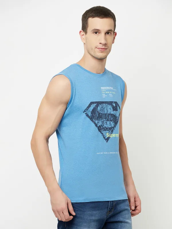 Octave Men Blue Typography Superman Printed Raw Edge T-Shirt