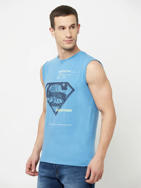 Octave Men Blue Typography Superman Printed Raw Edge T-Shirt