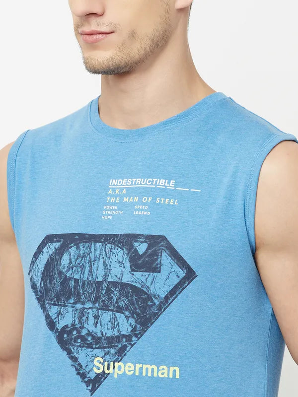 Octave Men Blue Typography Superman Printed Raw Edge T-Shirt