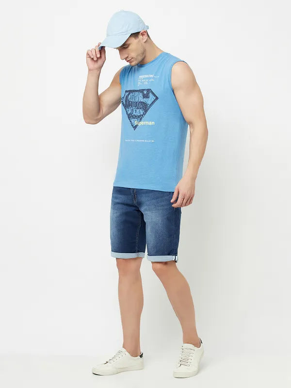 Octave Men Blue Typography Superman Printed Raw Edge T-Shirt
