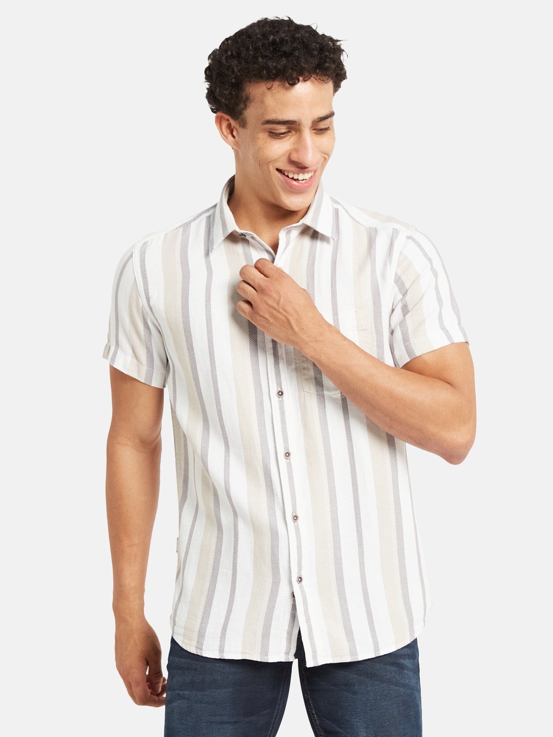 METTLE Striped Short Sleeves Spread Collar Cotton Opaque Regular Fit Casual Shirt