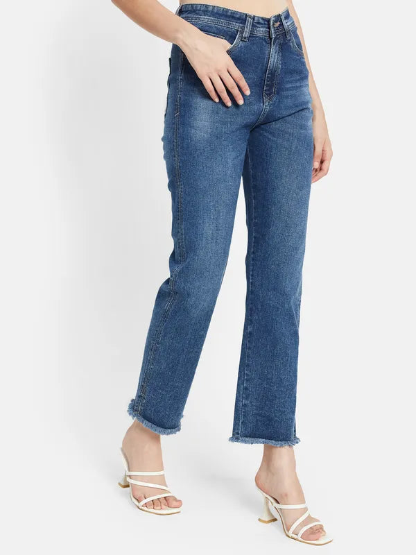 Denim Straight Fit Jeans With Side Slit