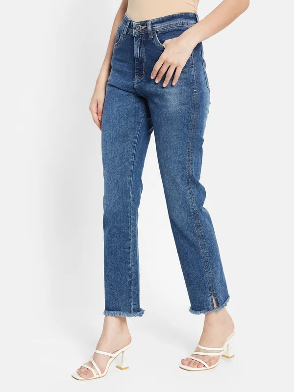 Denim Straight Fit Jeans With Side Slit