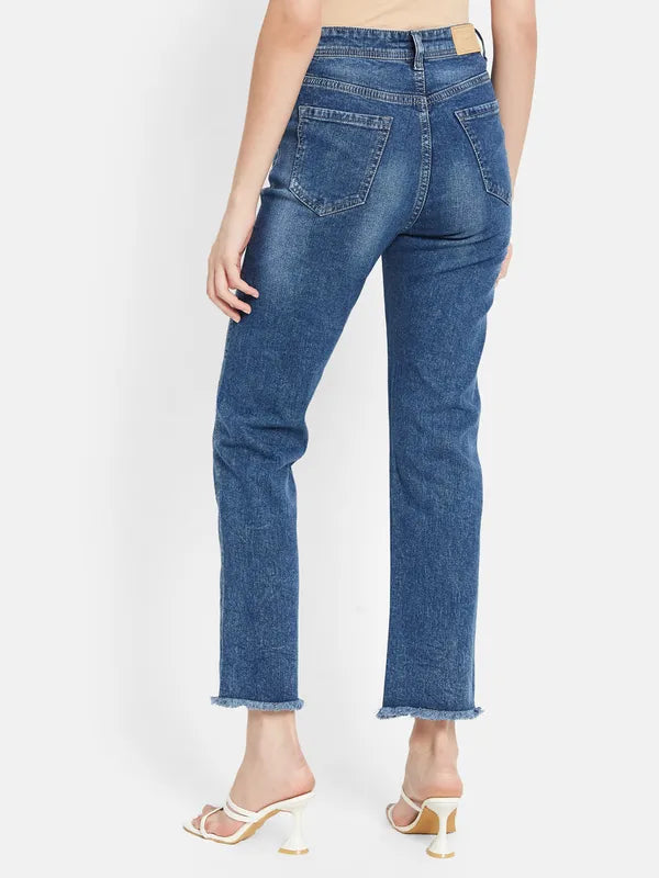 Denim Straight Fit Jeans With Side Slit