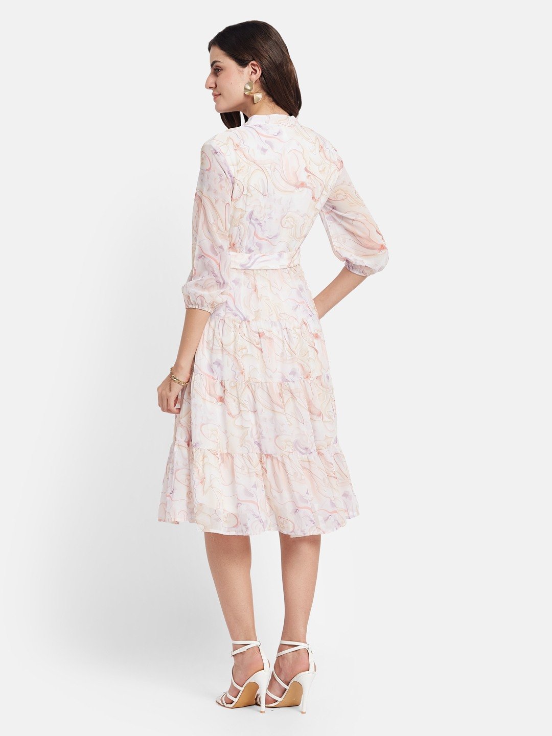 METTLE Printed Mandarin Collar Tiered Fit & Flare Dress