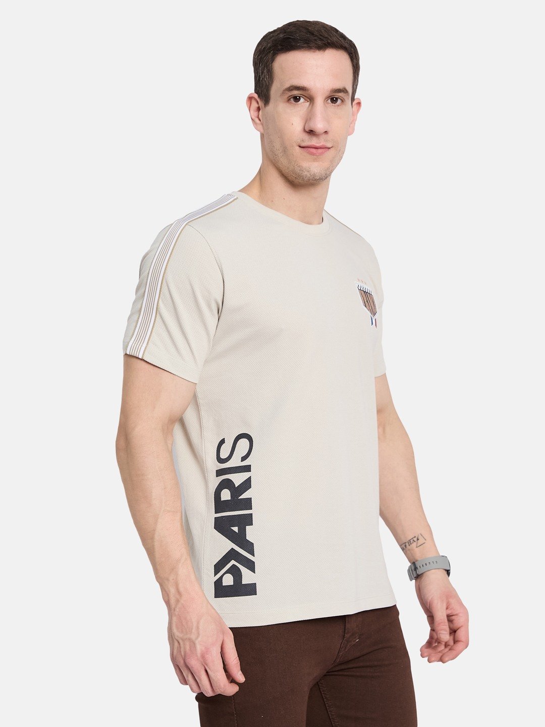 CHEST PRINT ROUND NECK POPCORN KNIT T-SHIRT