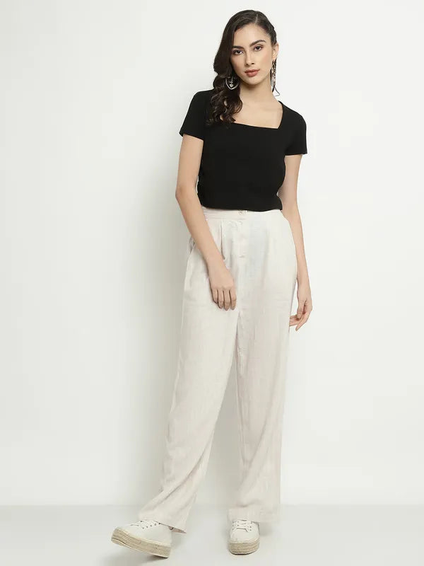 Mettle Women Striped Mid Raise Cotton Parallel Trousers