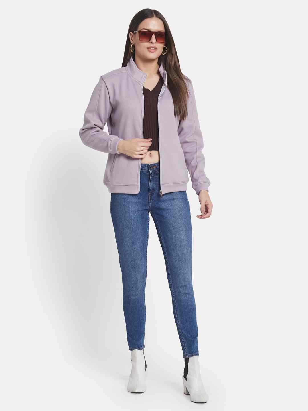 METTLE Women High Neck Long Sleeves Front-Open Sweatshirt