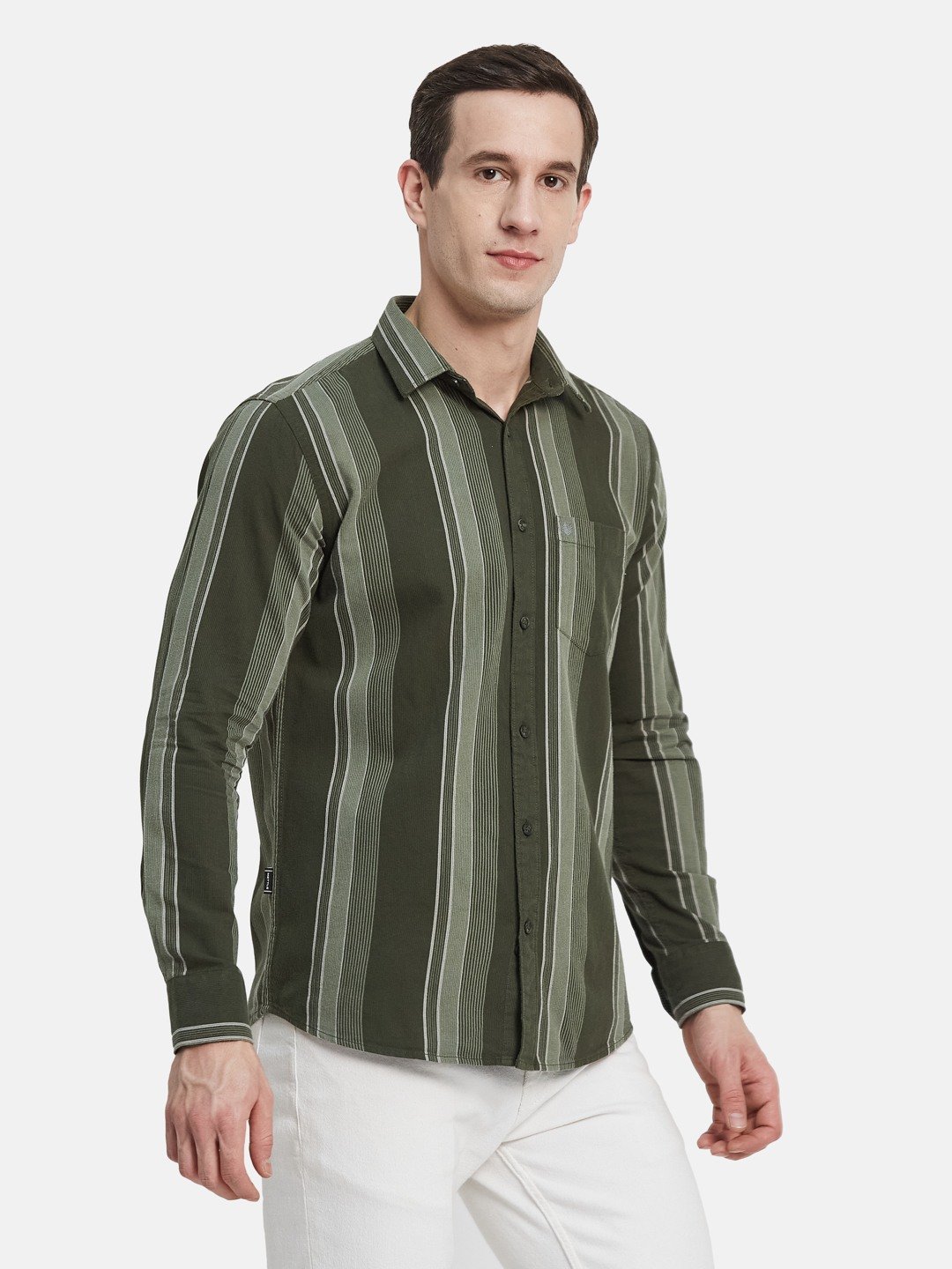 METTLE Men Spread Collar Vertical Striped Cotton Casual Shirt