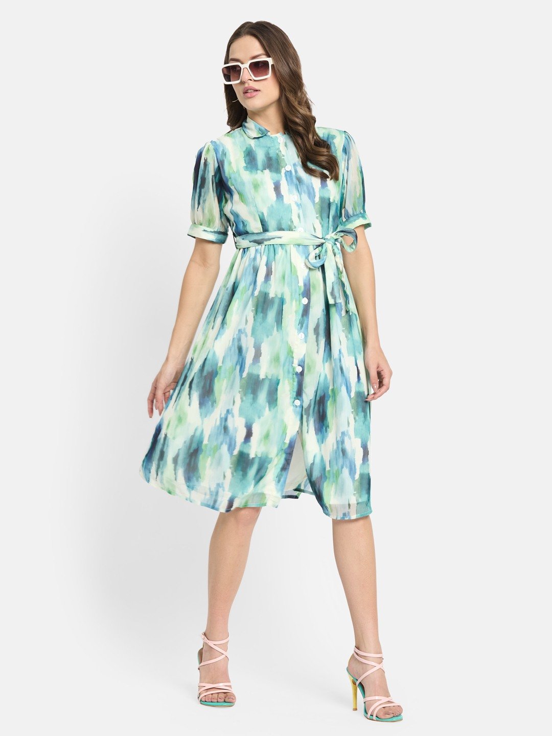 METTLE Women Print Shirt Collar Puff Sleeves Fit & Flare Dress