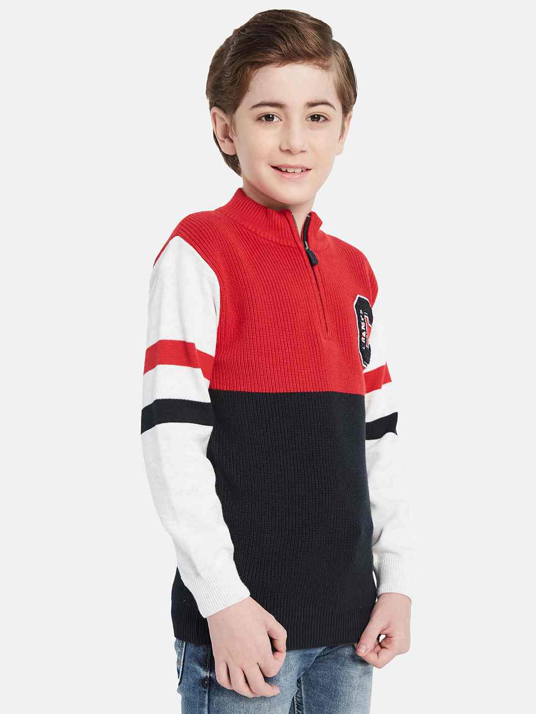 Octave Boys Colourblocked Mock Collar Cotton Pullover Sweater