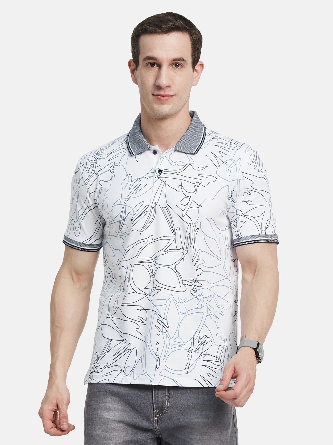 AOP FLORAL PRINT POLO NECK SINGLE JERSEY KNIT LYCRA T-SHIRT