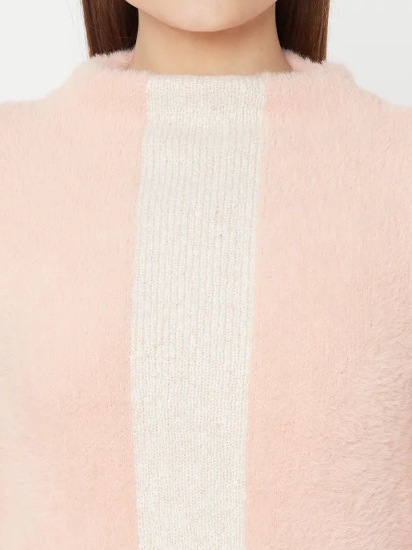 Pink White Colourblocked Fur Full Sleeve Pullover Sweater