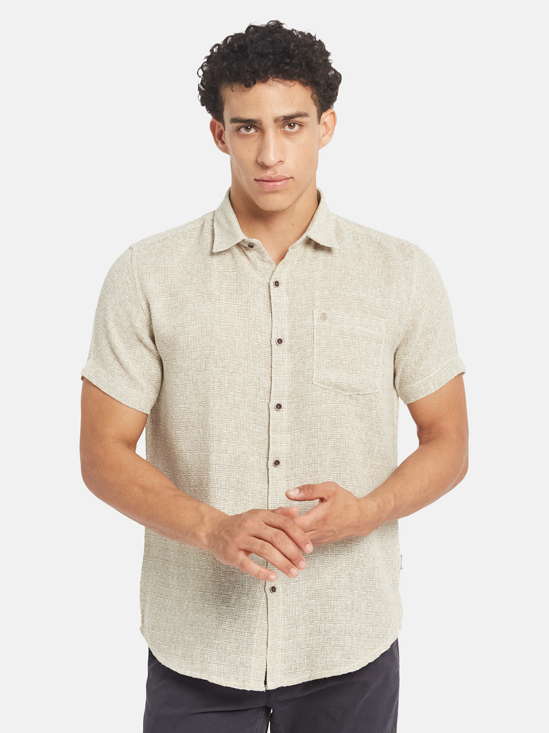 METTLE Textured Short Sleeves Spread Collar Cotton Opaque Regular Fit Casual Shirt