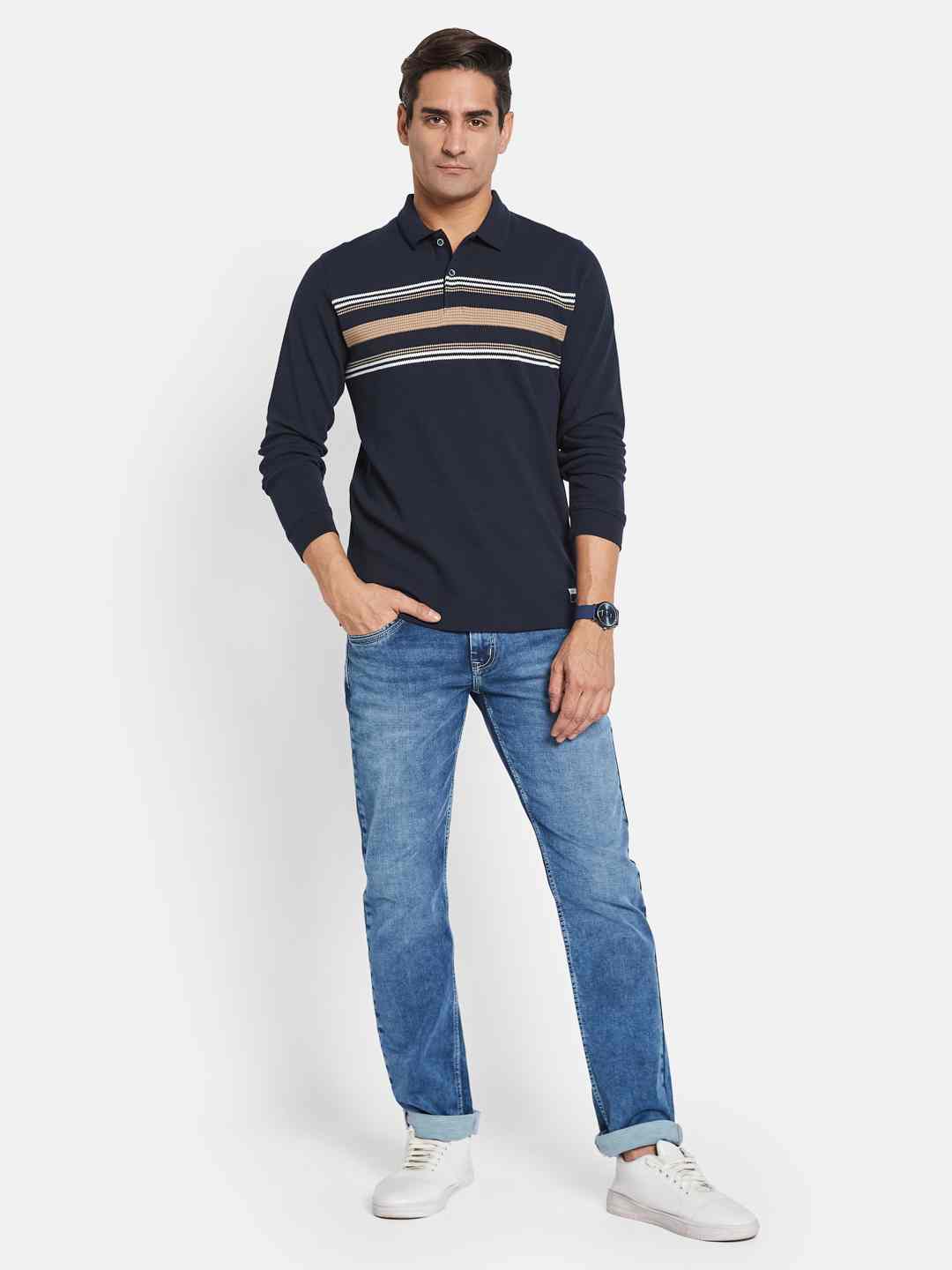 METTLE Men Striped Polo Collar T-shirt