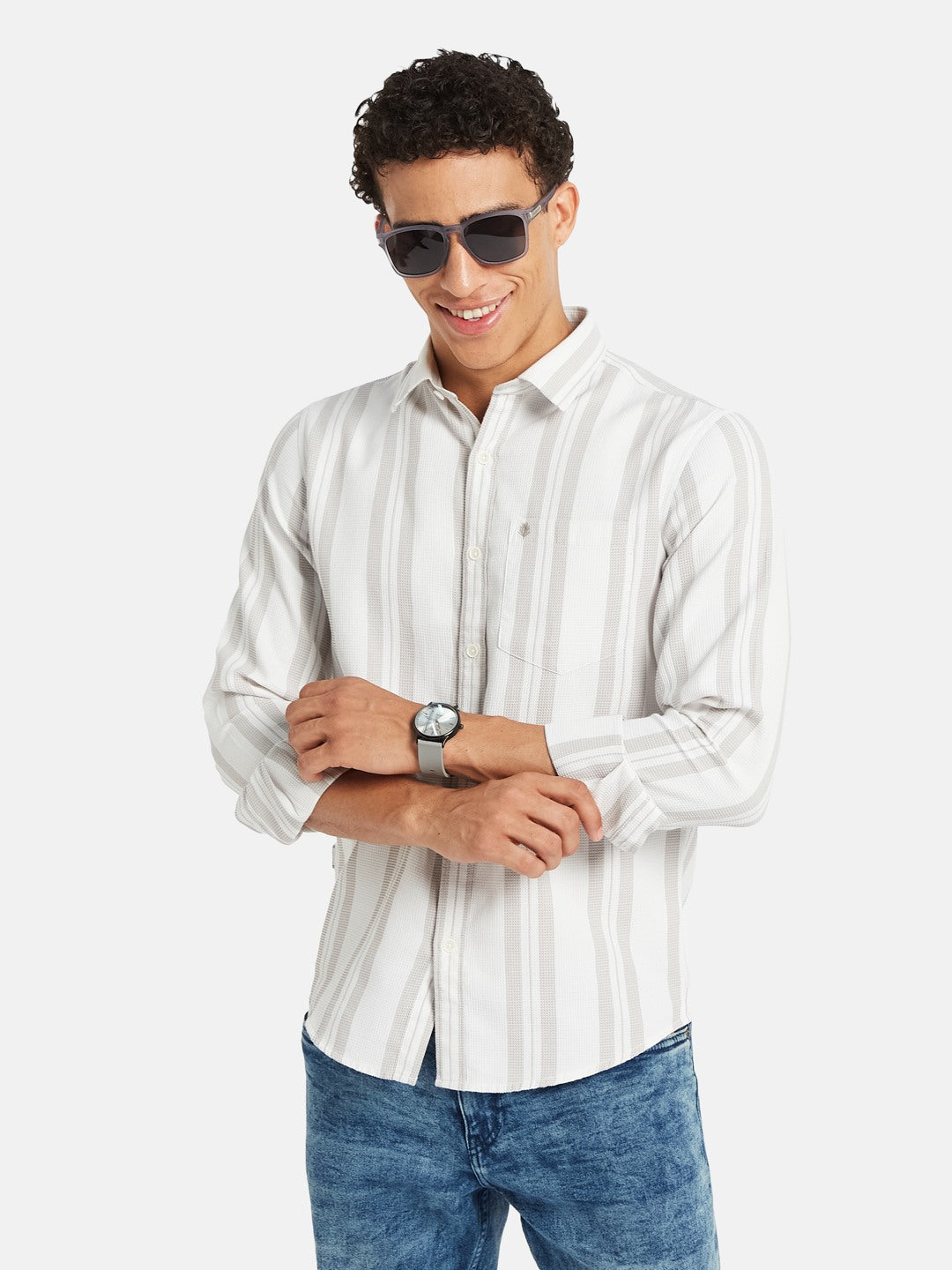 METTLE Men Vertical Striped Spread Collar Cotton Casual Shirt
