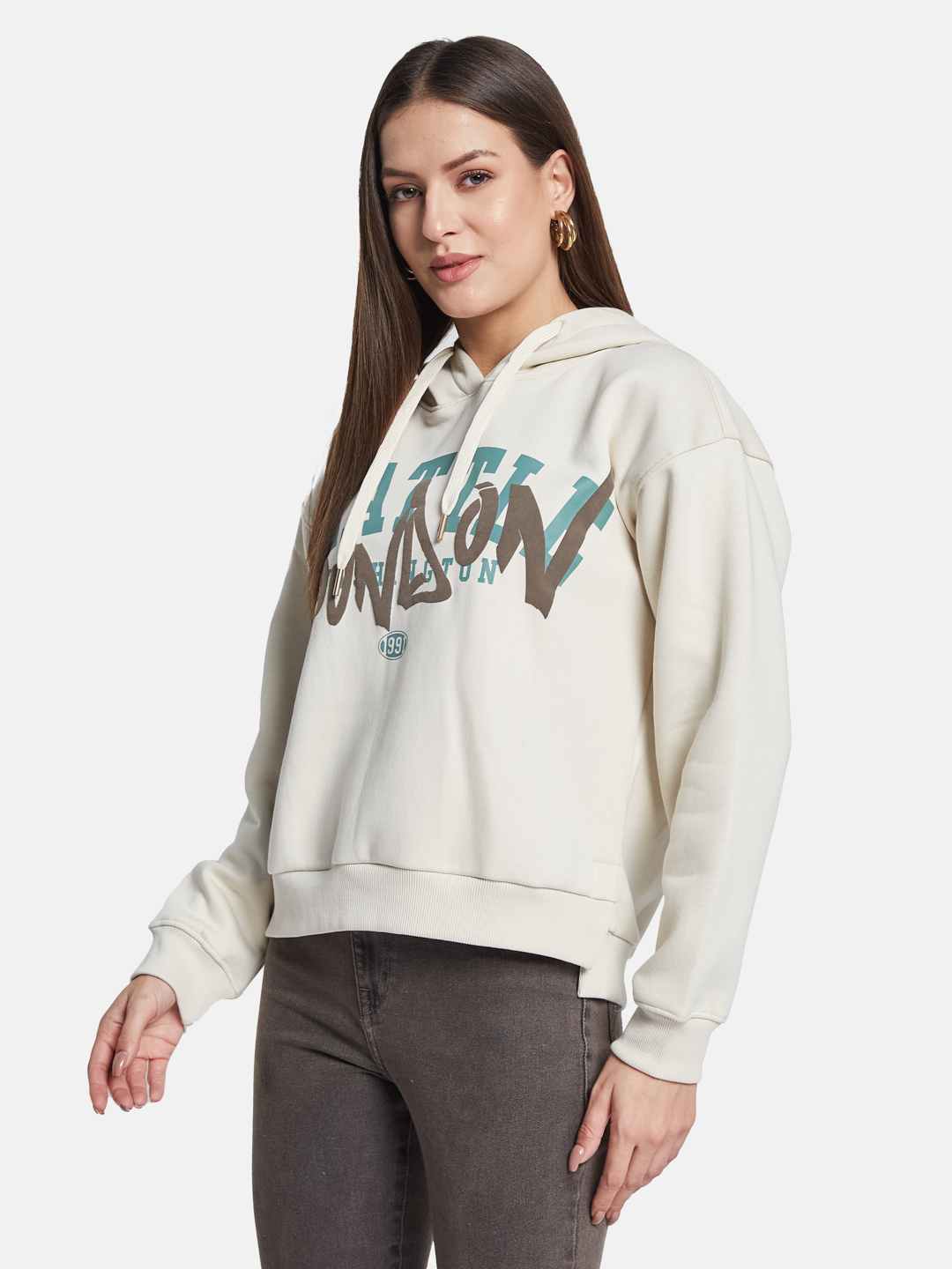 METTLE Women Printed Hooded Sweatshirt