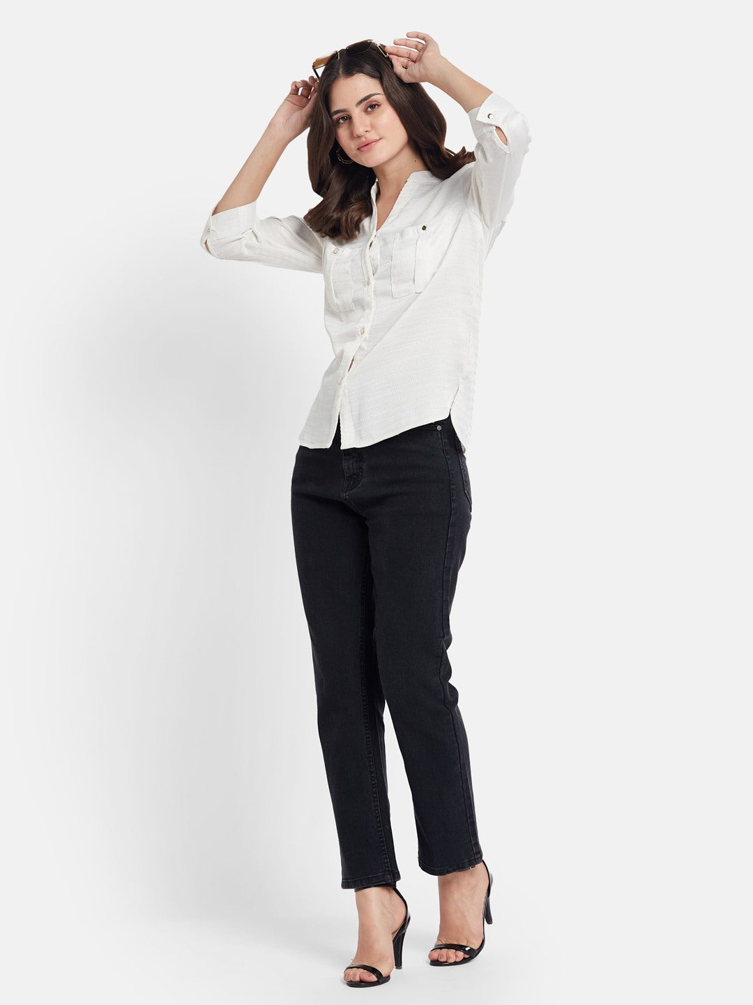 METTLE Women Solid Mandarin Collar Cotton Casual Shirt