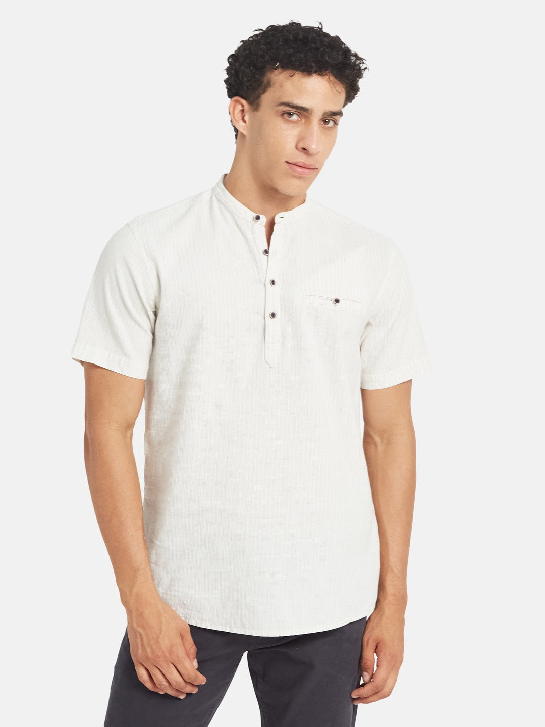 METTLE Striped Short Sleeves Mandarin Collar Cotton Opaque Regular Fit Casual Shirt