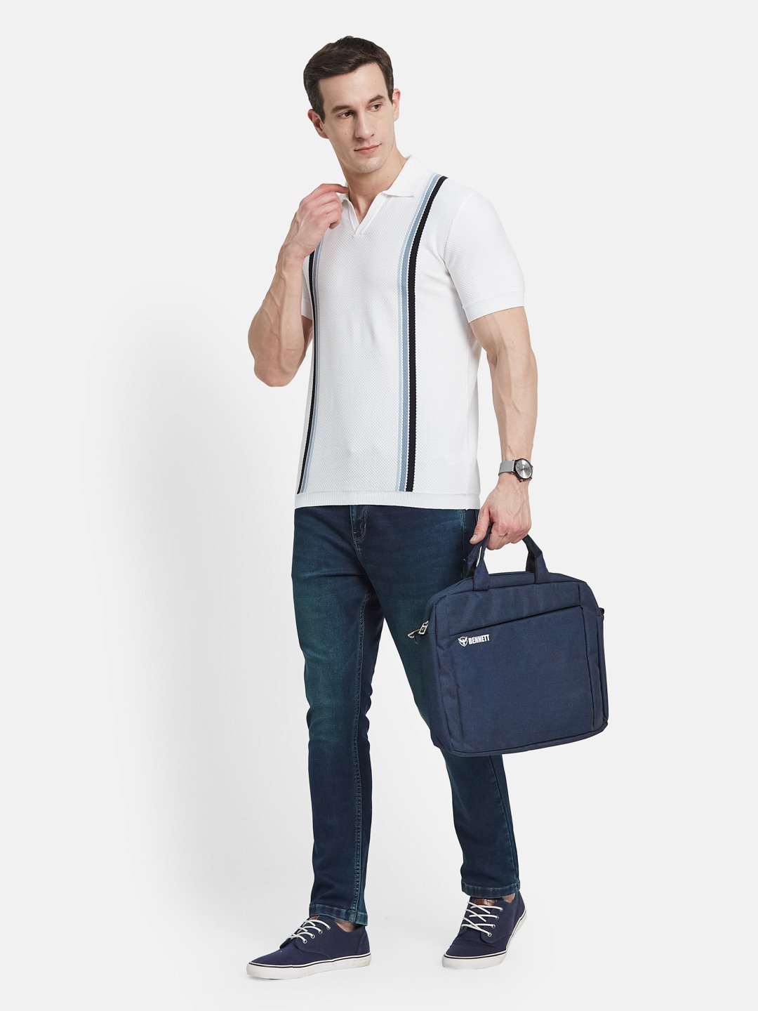METTLE Men Striped Polo Collar Cotton T-shirt