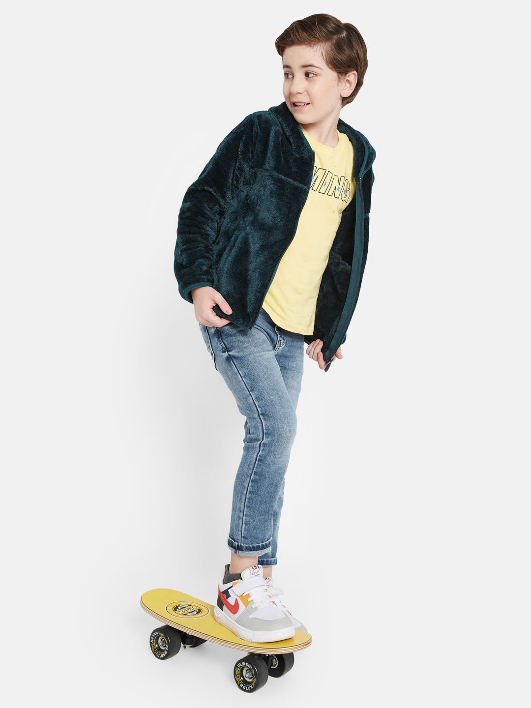 Octave Boys Self Design Front Open Fleece Hooded Sweatshirt