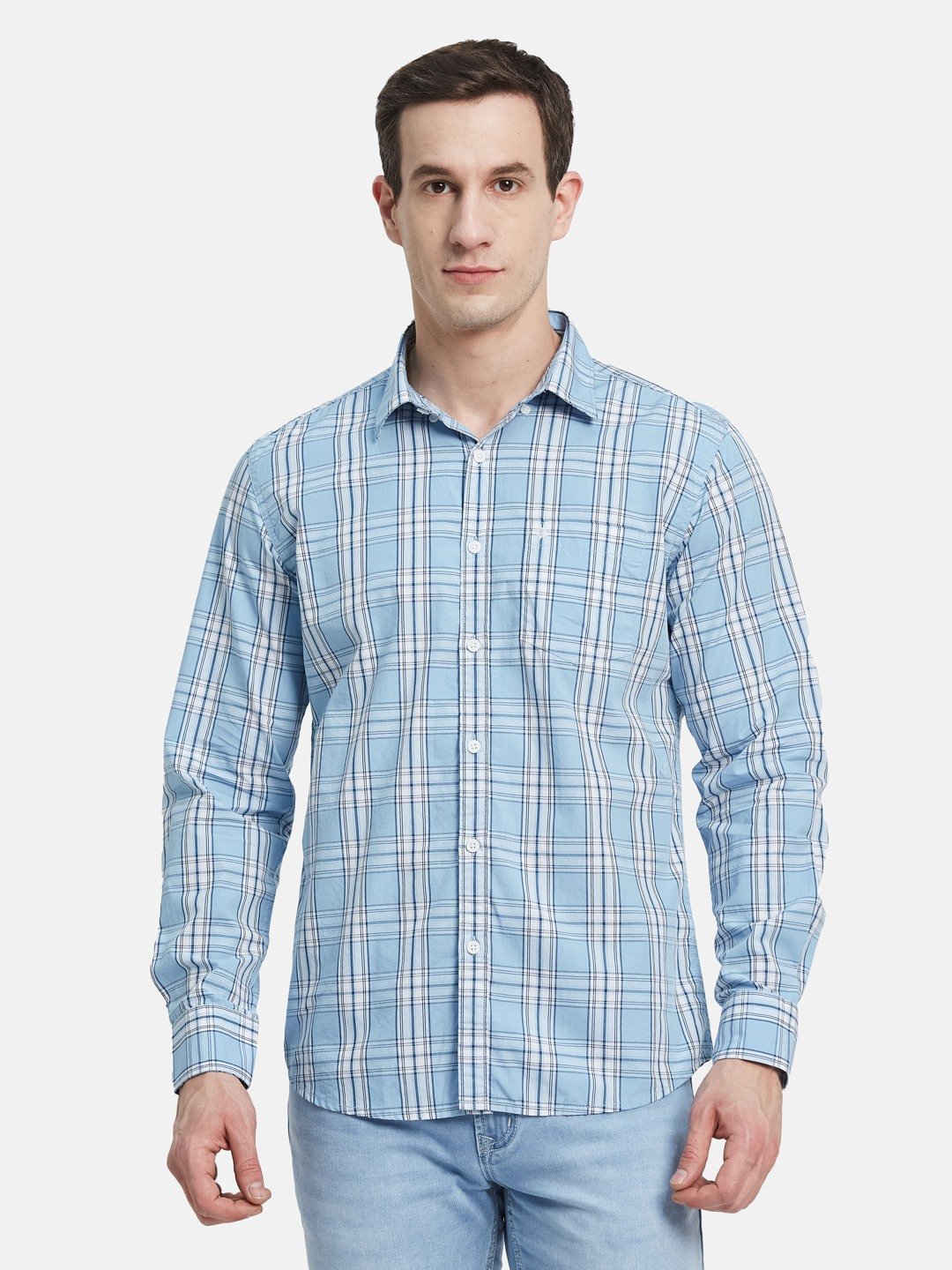 METTLE Men Spread Collar Tartan Checked Cotton Casual Shirt