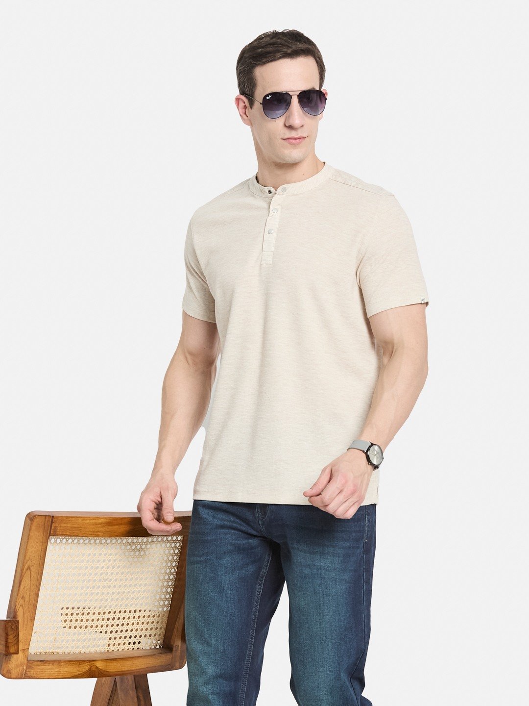 CORE HENLEY NECK WAFFLE KNIT T-SHIRT