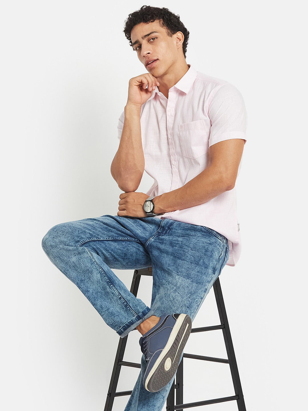 METTLE Men Solid Spread Collar Cotton Casual Shirt