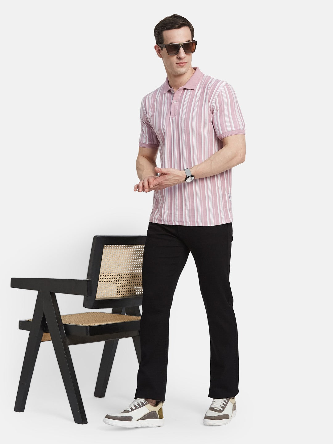 VERTICAL STRIPE POLO NECK T-SHIRT