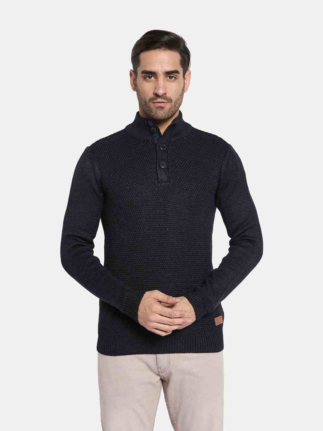 METTLE Men Self Design Mock Collar Sweater