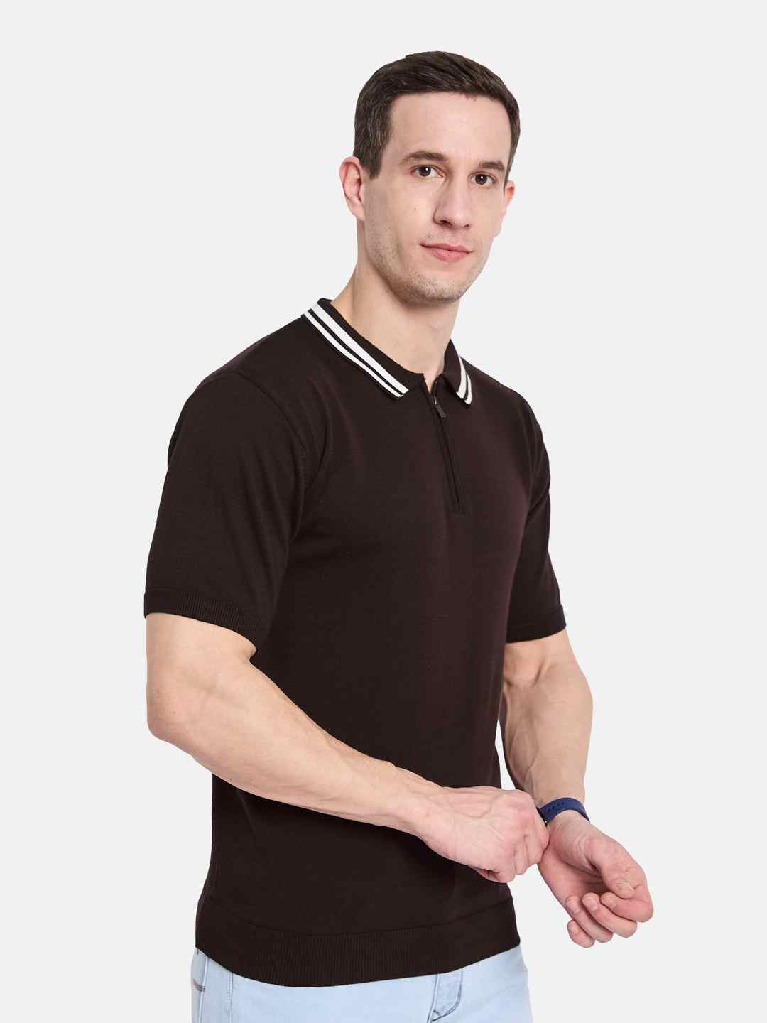 METTLE Men Polo Collar Monochrome T-shirt