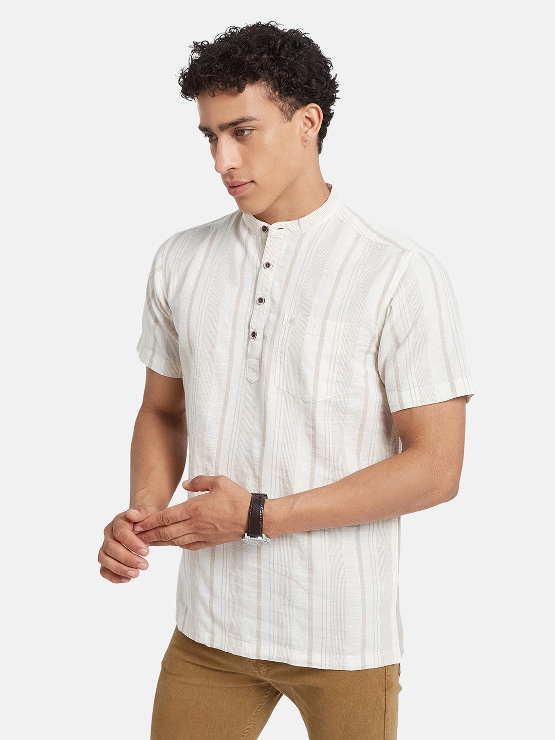 METTLE Striped Mandarin Collar Casual Cotton Shirt