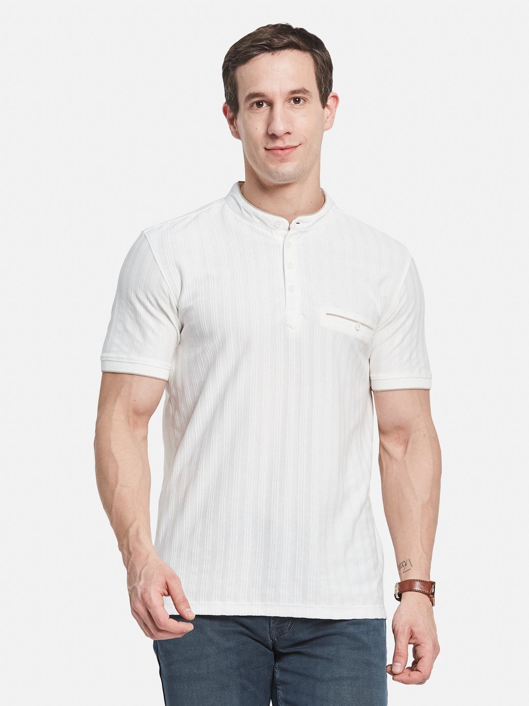 Octave Men Striped Mandarin Collar Monochrome T-shirt