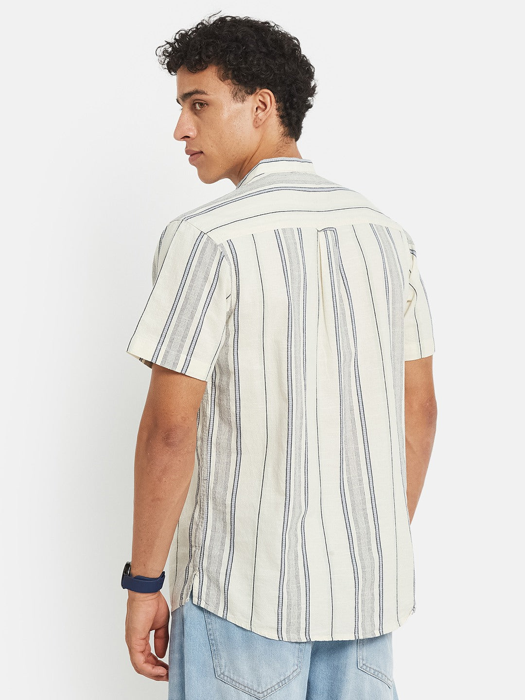 METTLE SS25 Striped Cotton Mandarin Collar Casual Shirt