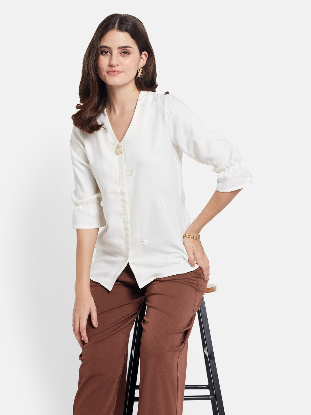 METTLE Floral Embroidered V-Neck Shirt Style Cotton Top