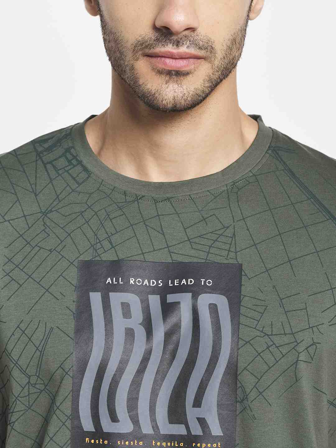 Octave Men Olive Green  Goblin Blue Typography Printed Raw Edge T-Shirt