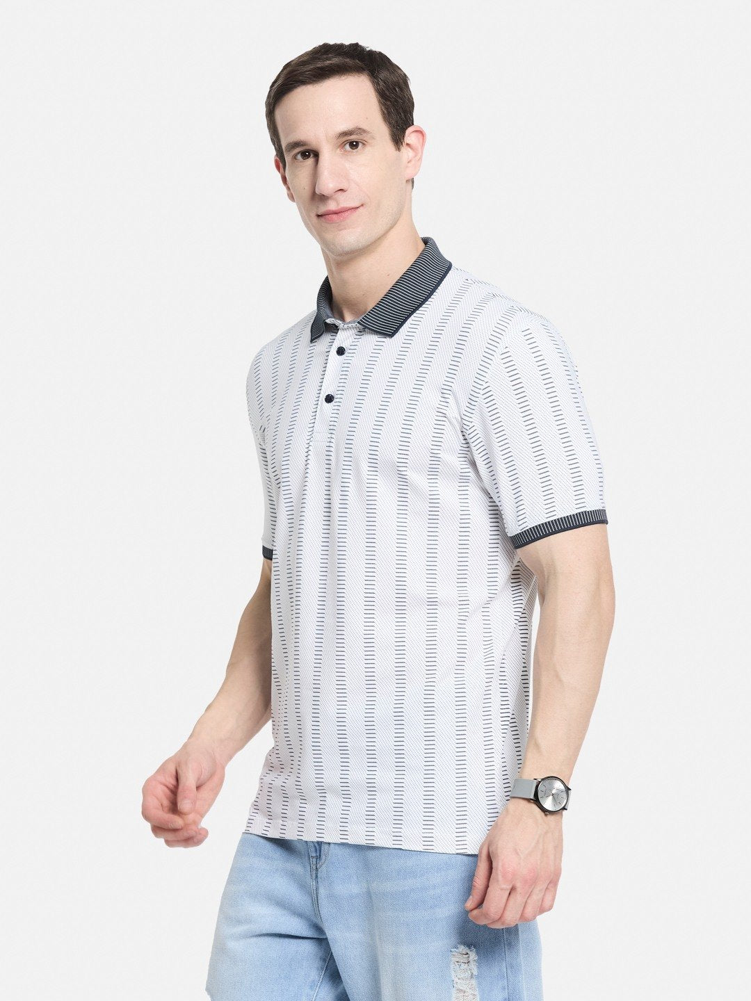 AOP MOTIF PRINT POLO NECK SINGLE JERSEY KNIT T-SHIRT