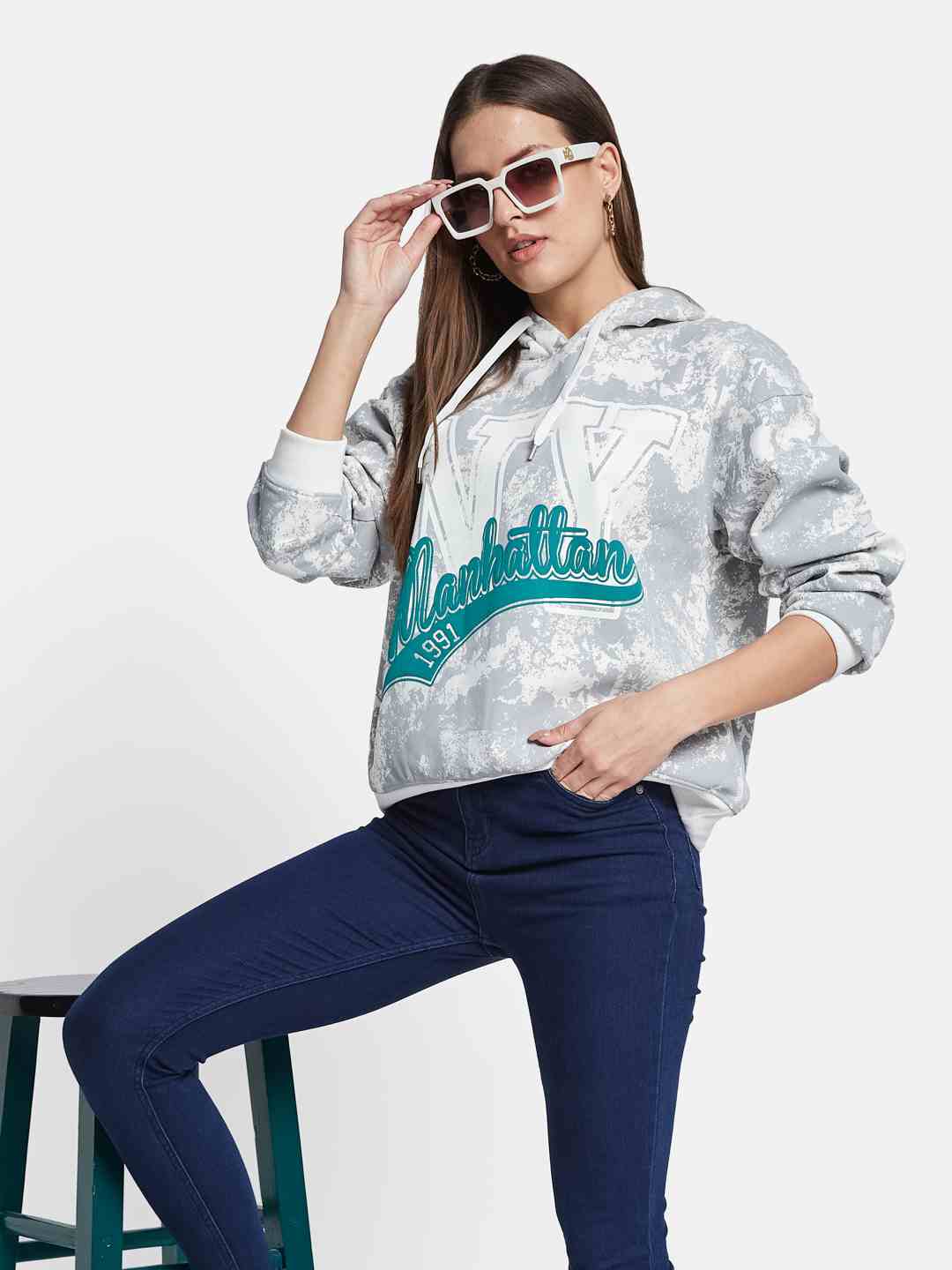 METTLE Women Printed Hooded Sweatshirt