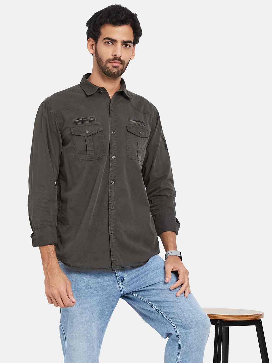 Mettle Spread Collar Long Sleeves Casual Cotton Shirt