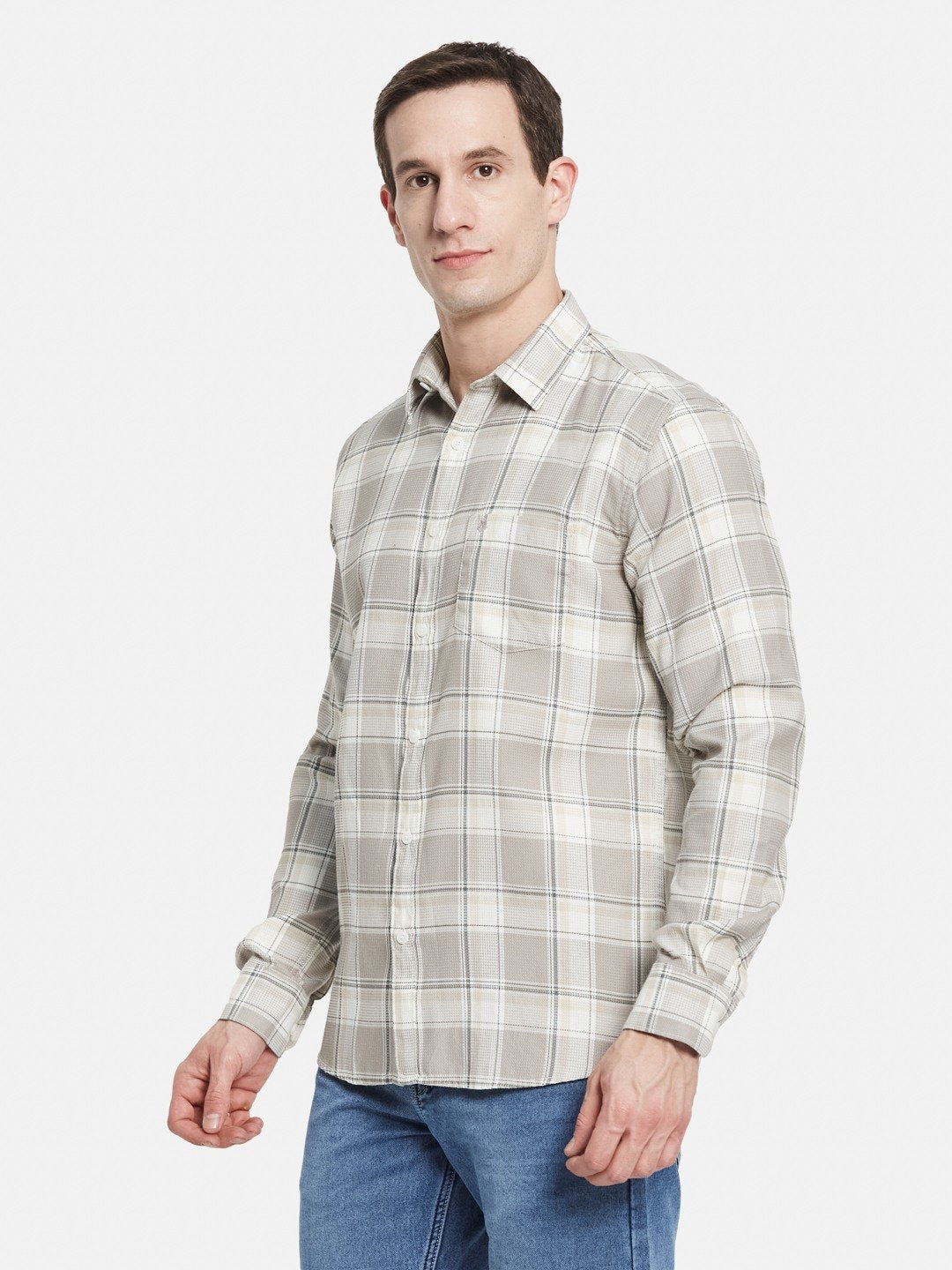 METTLE Men Spread Collar Tartan Checked Cotton Casual Shirt