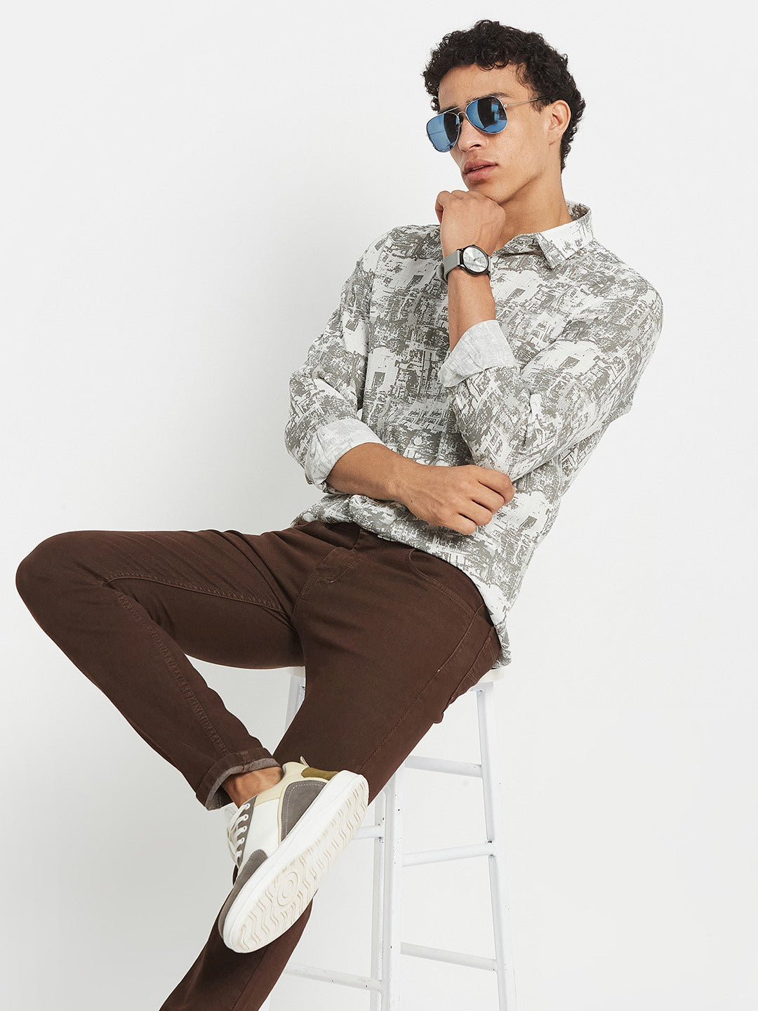 METTLE SS25 Printed Cotton Spread Collar Casual Shirt