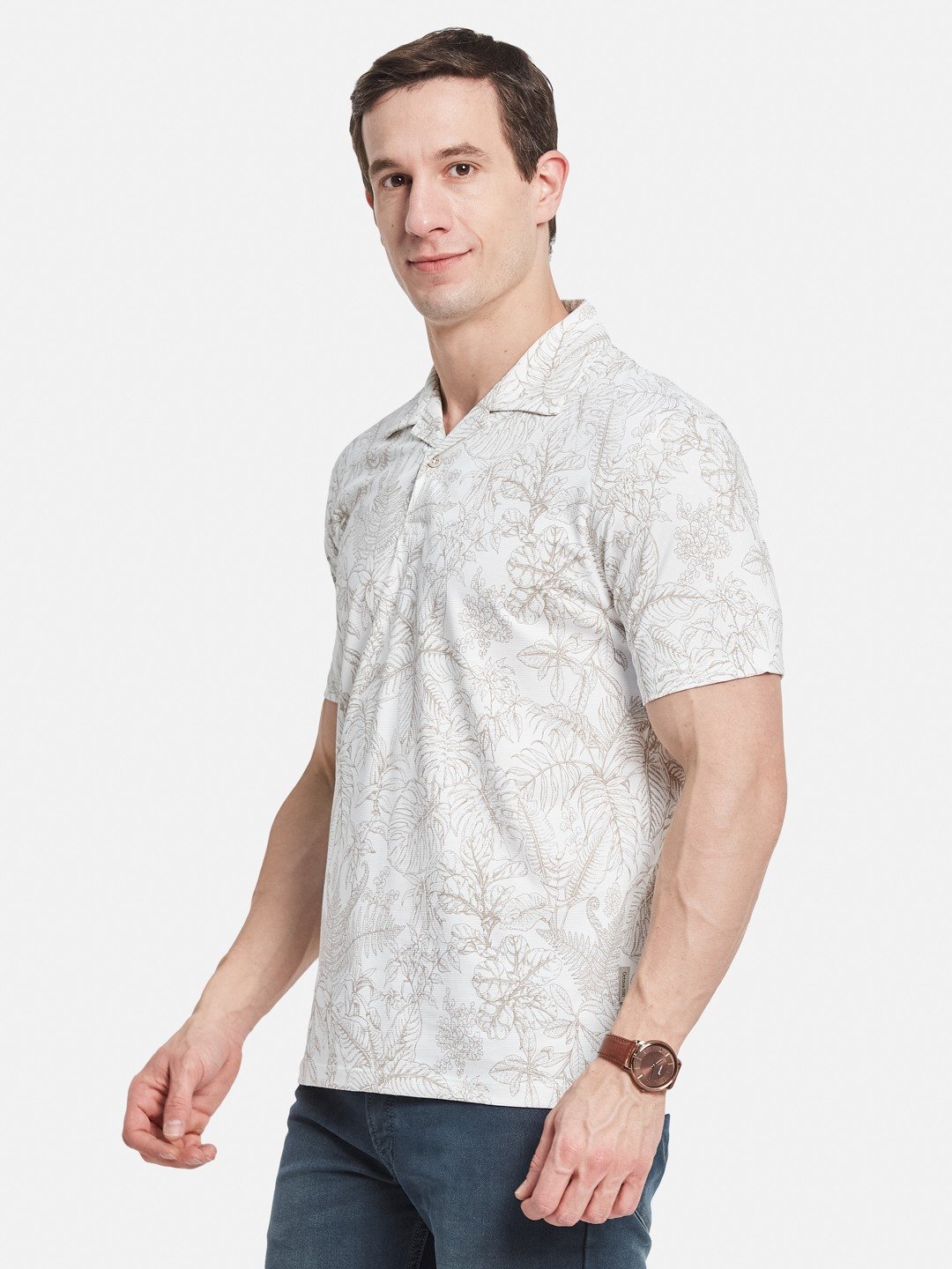 AOP FLORAL PRINT POLO NECK COTTON T-SHIRT