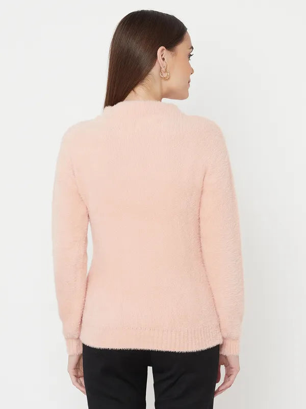 Pink White Colourblocked Fur Full Sleeve Pullover Sweater