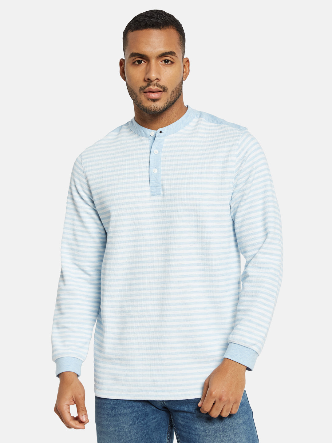 METTLE Men Striped Mandarin Collar Pockets T-shirt